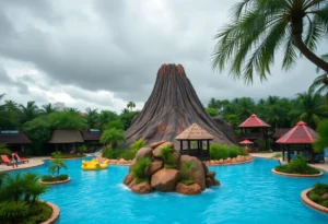 Volcano Bay water park with cloudy skies and closed attractions