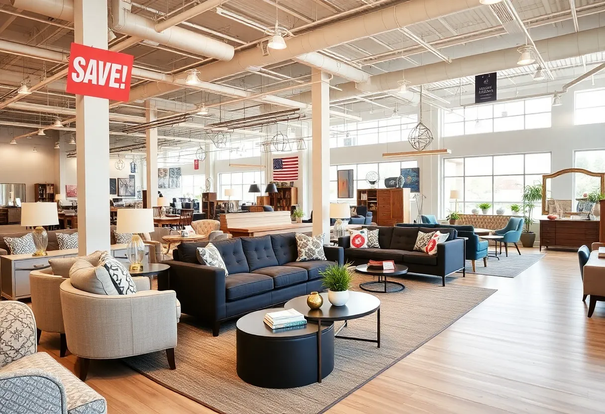 Furniture showroom featuring items for American Freight's Labor Day event