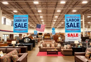 Showroom of American Freight during Labor Day event with furniture on display.