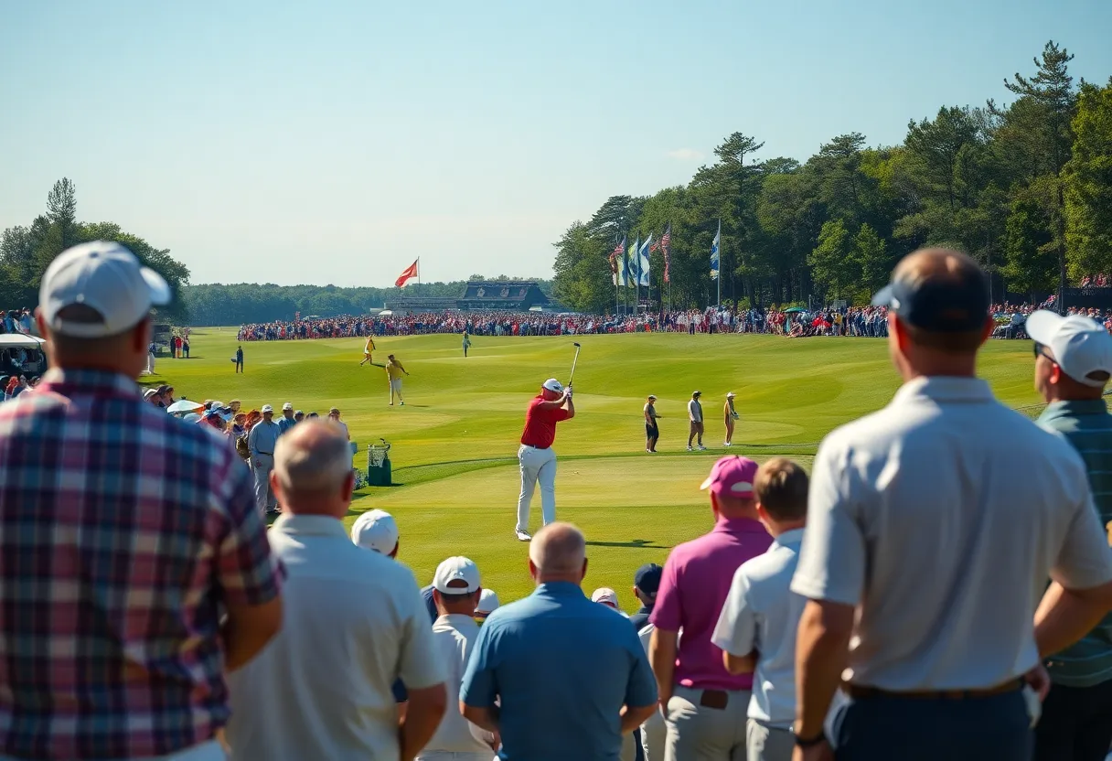 Golf tournament scene at the Arnold Palmer Invitational with players and spectators.