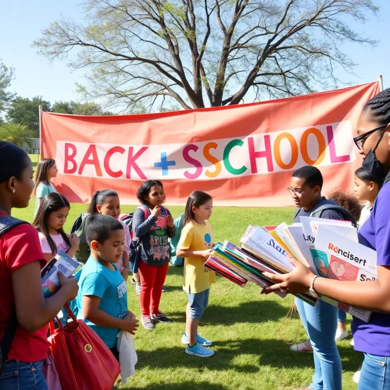 Families gathering at a back to school event with supplies and activities.