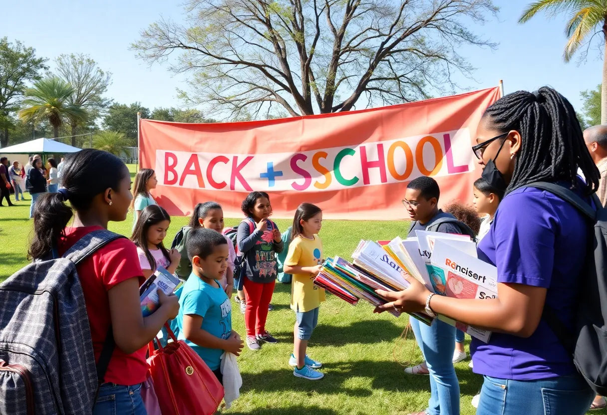 Families gathering at a back to school event with supplies and activities.