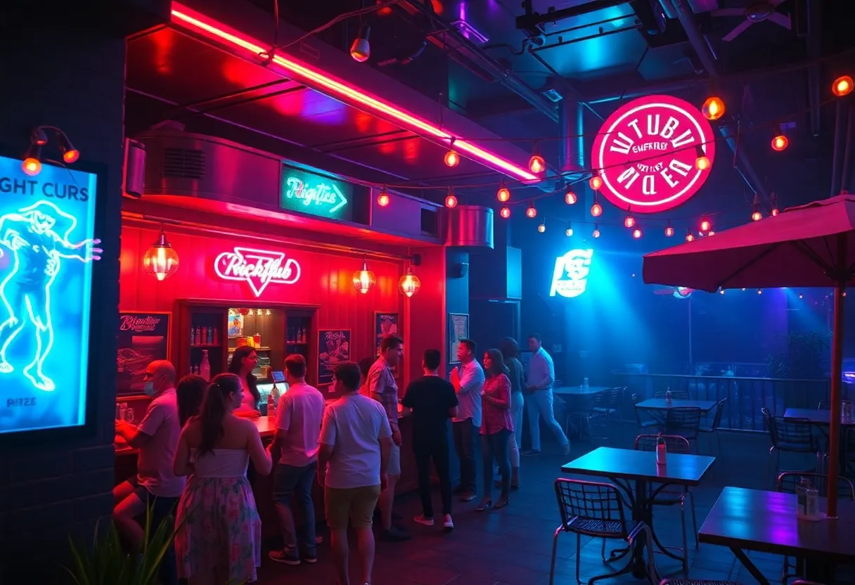 Exterior view of Barbarella Nightclub with neon lights at night