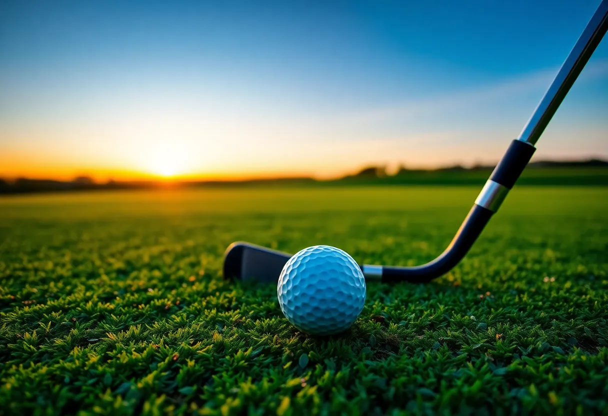 A serene view of a golf course at sunset with a golf club and ball.