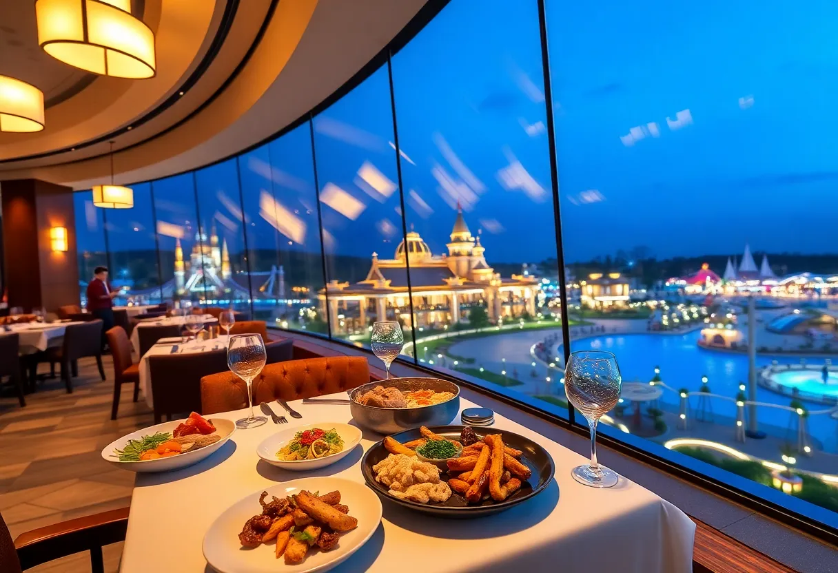 A beautifully arranged dining table with a view of a theme park at sunset
