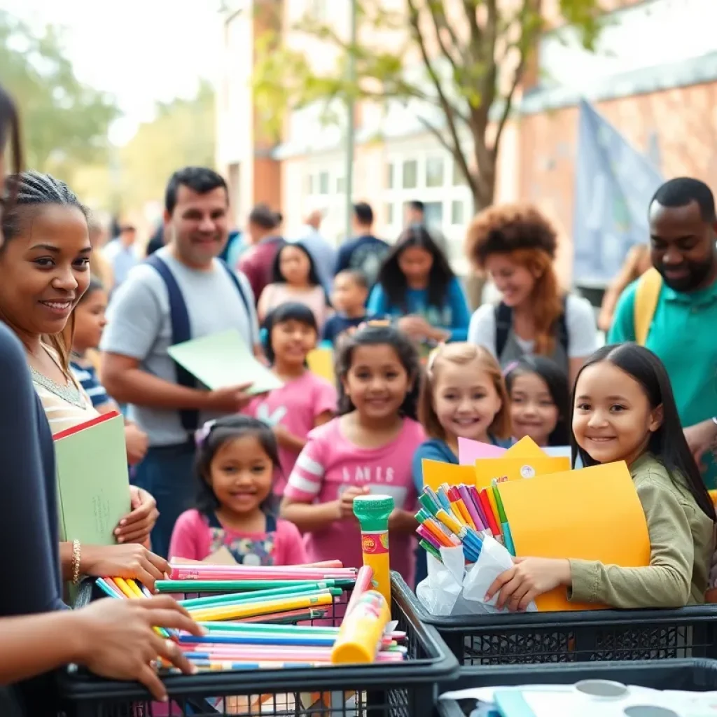 Families participating in a back to school supply drive