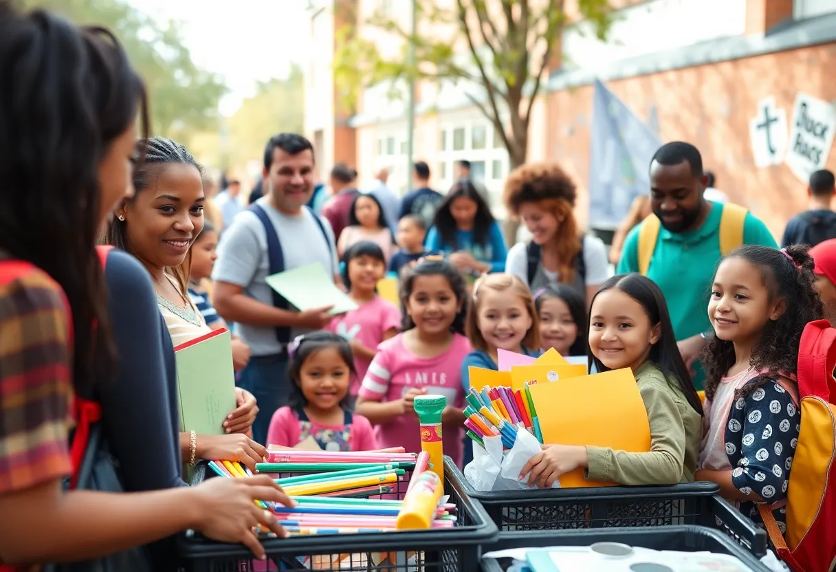 Families participating in a back to school supply drive