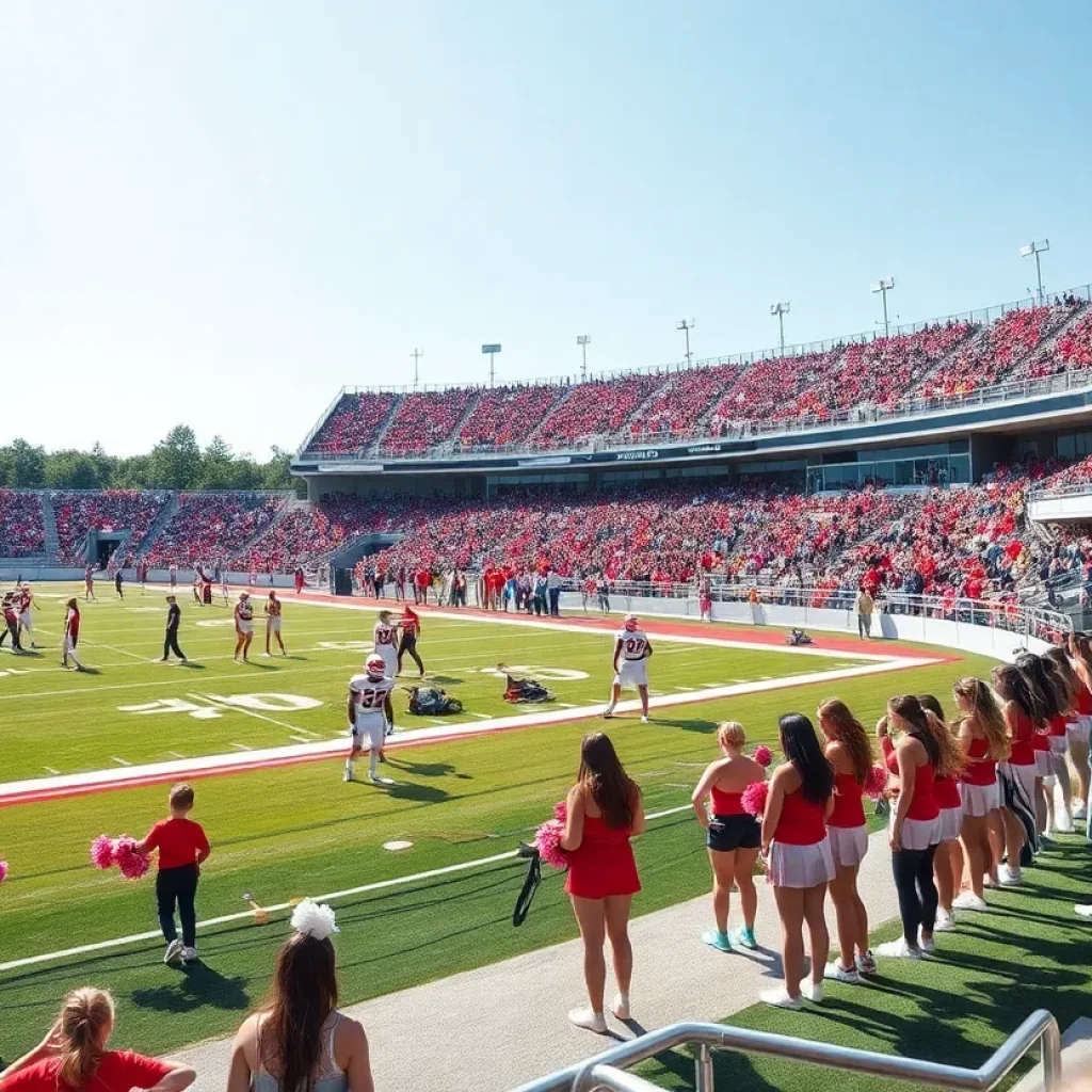 High school football stadium filled with fans and players preparing for the game.