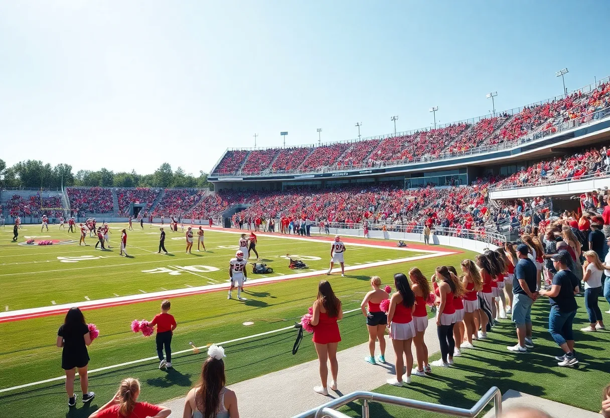 High school football stadium filled with fans and players preparing for the game.