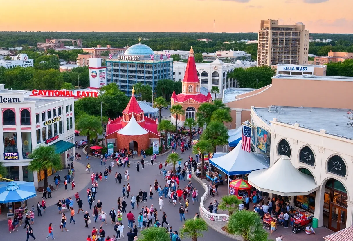 A busy street featuring popular tourist attractions in Central Florida.
