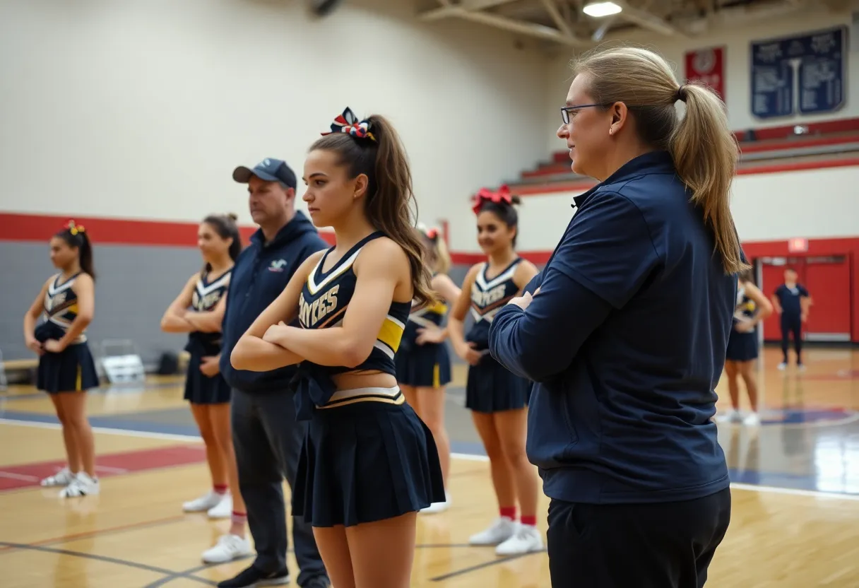 Cheerleaders practicing safety measures during a training session.