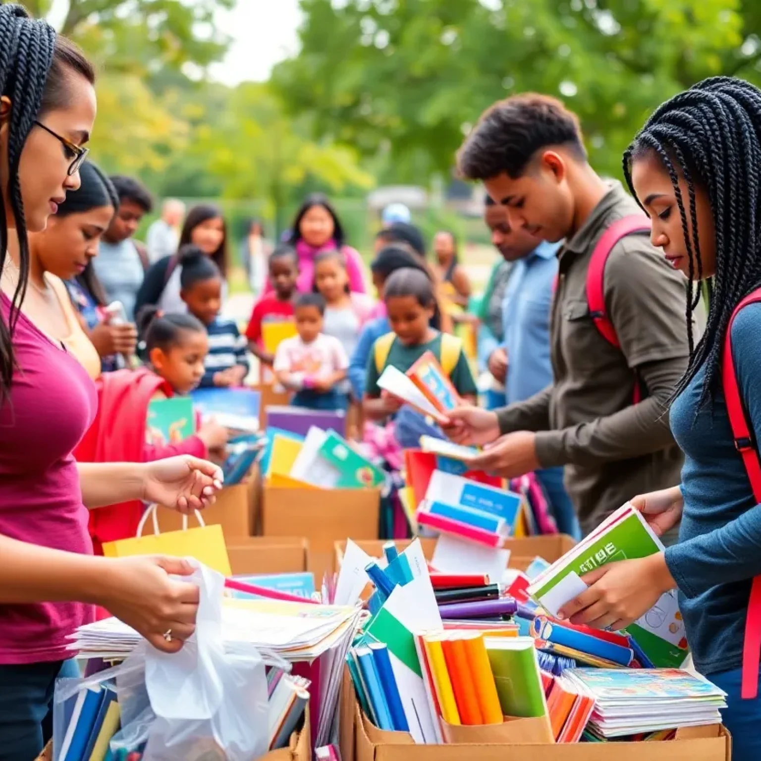 Families donating school supplies at a community event