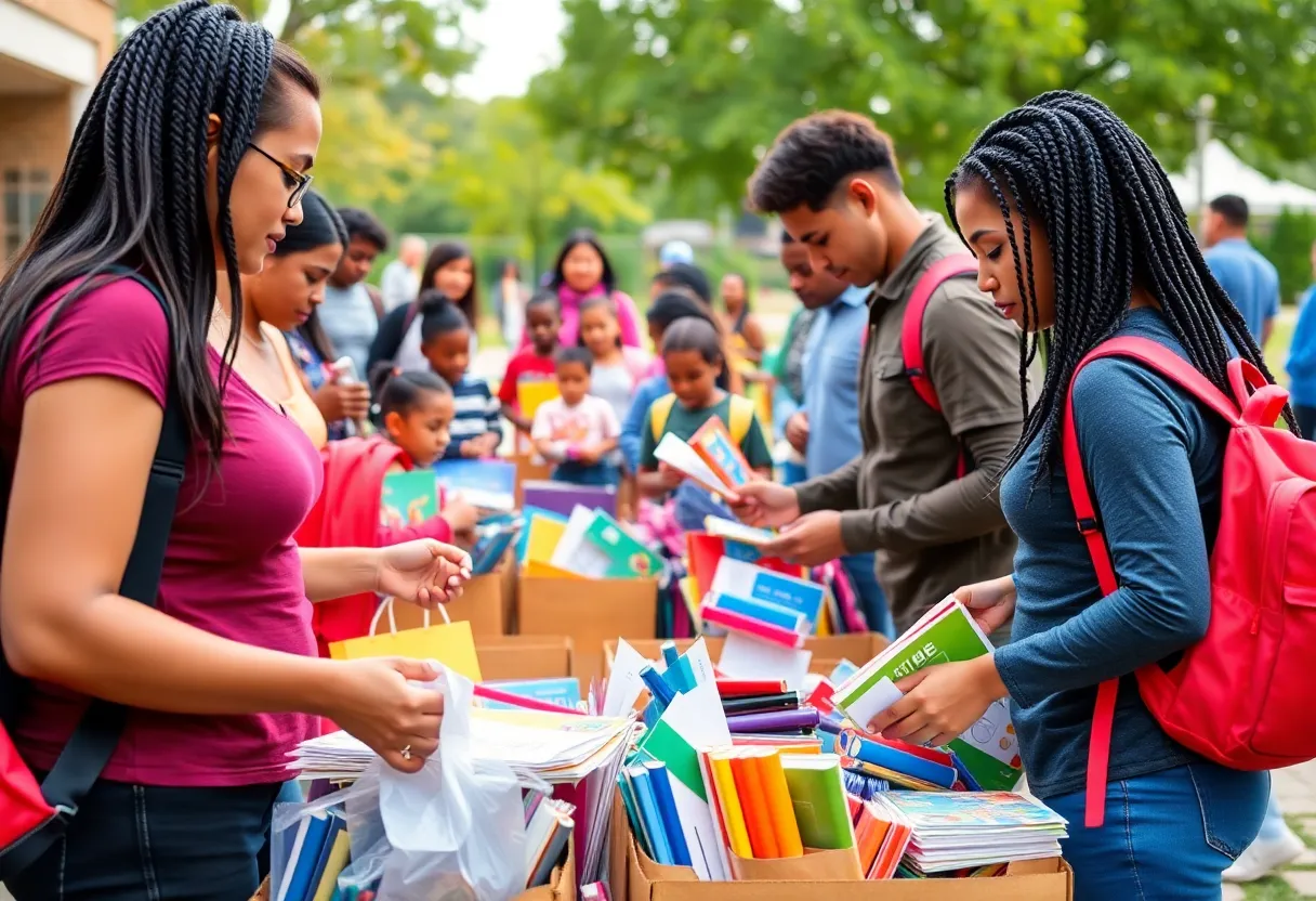 Families donating school supplies at a community event