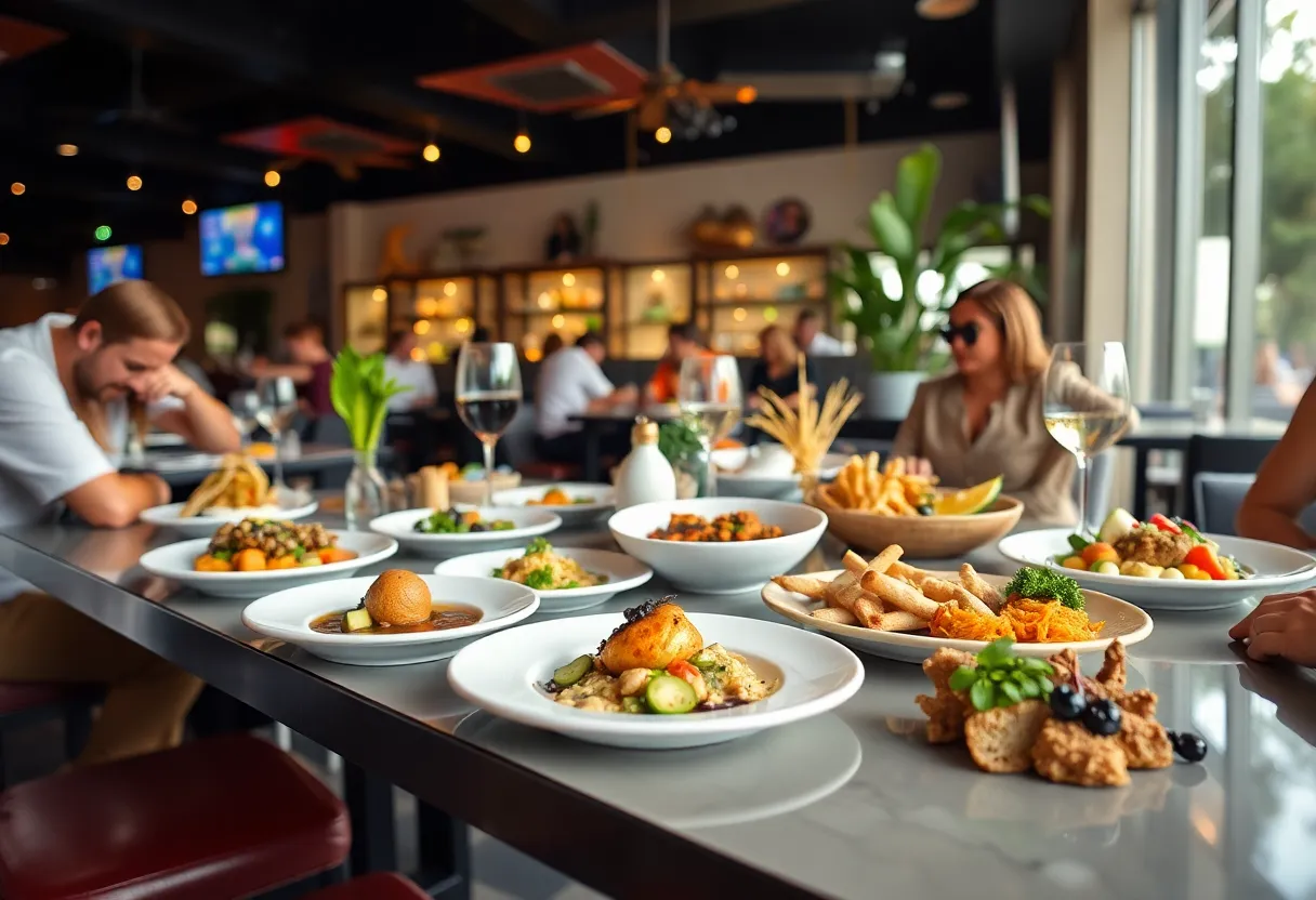 Guests enjoying a meal at a restaurant during Orlando's Magical Dining Month.