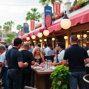 Workers serving at a restaurant in Disney Springs