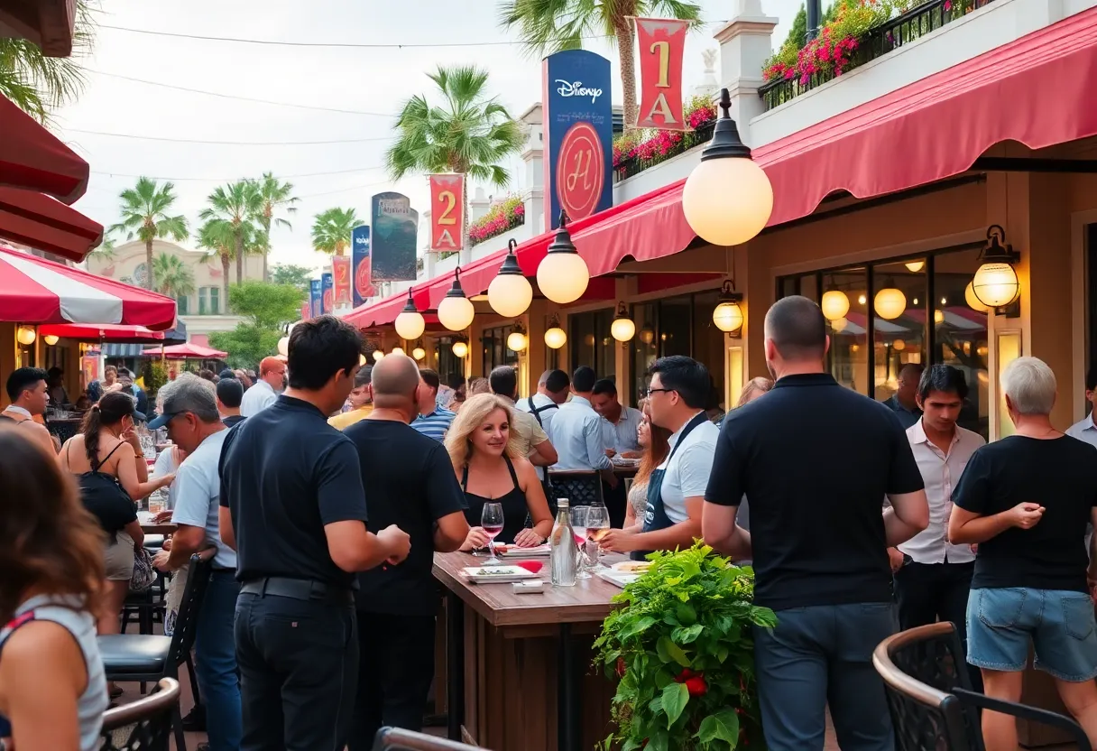 Workers serving at a restaurant in Disney Springs