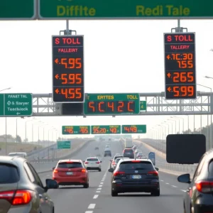Busy highway with dynamic toll signs