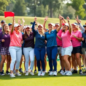 FGCU women's golf team celebrating their ASUN Championship victory.