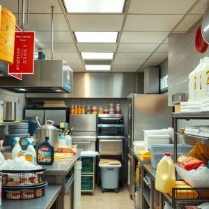 Image depicting a clean restaurant kitchen during health inspections.