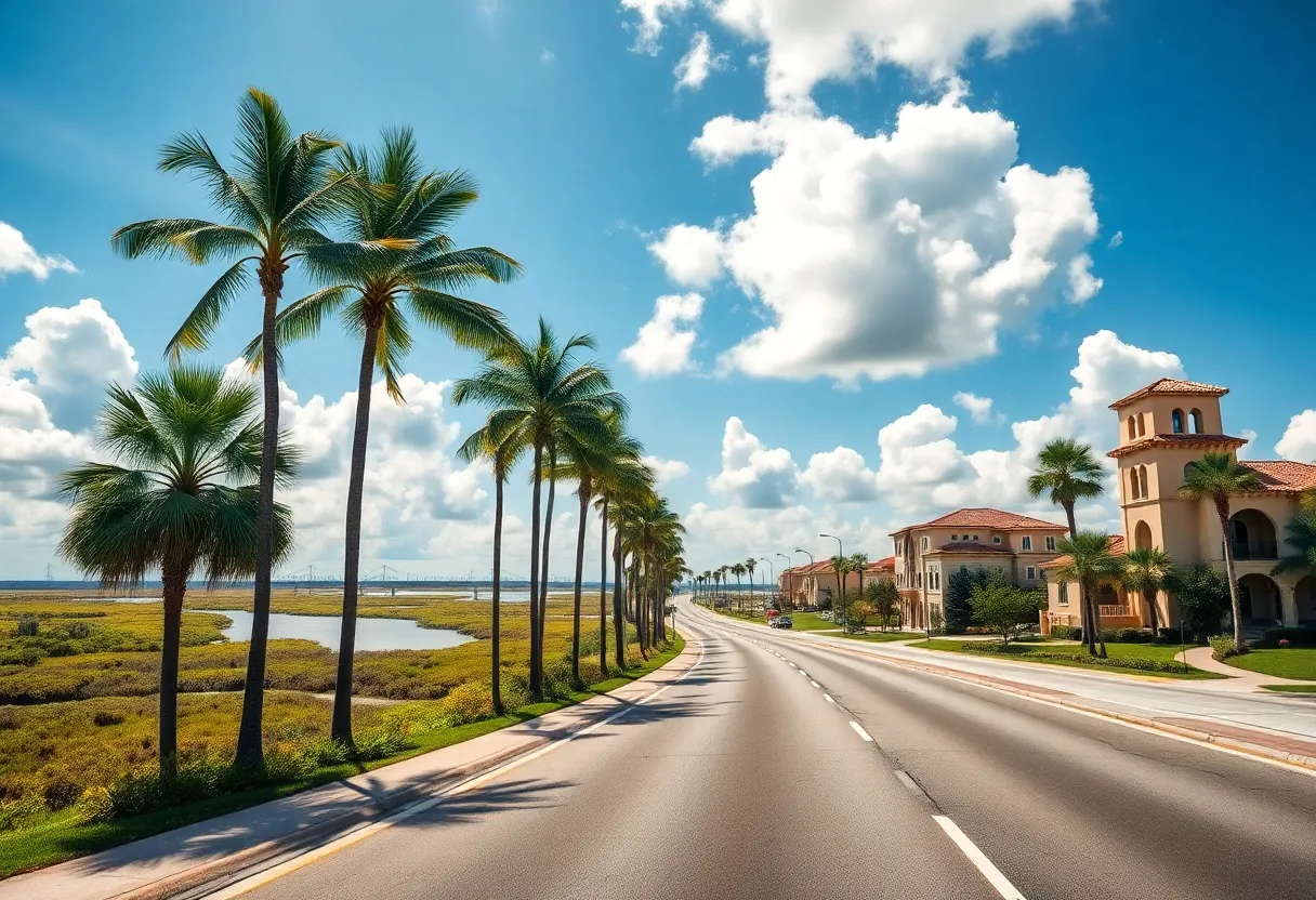 Panoramic view of a scenic highway in Florida with lush landscapes