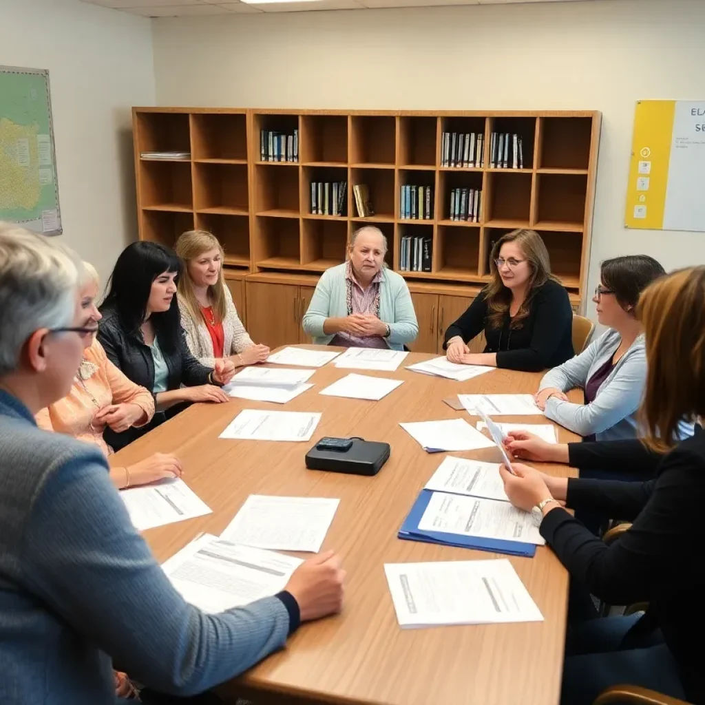 Educators discussing budget challenges in a school district meeting.