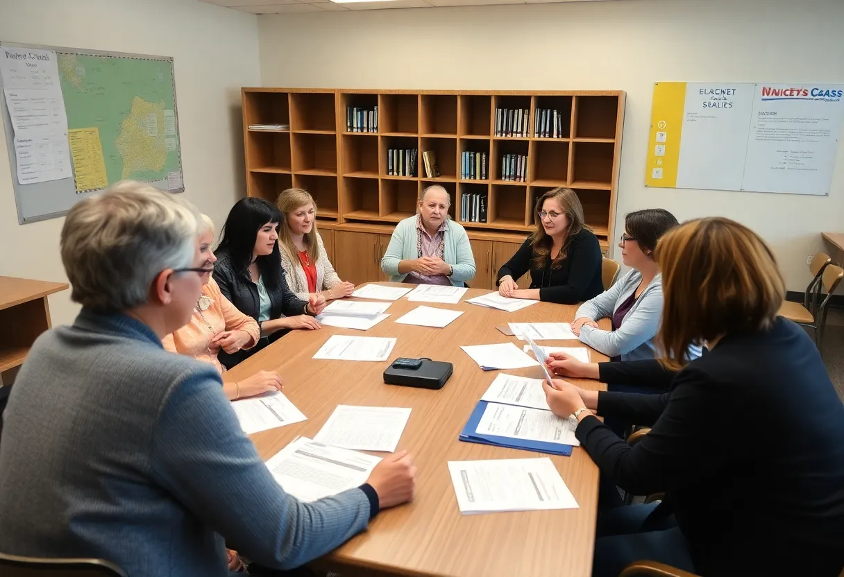 Educators discussing budget challenges in a school district meeting.