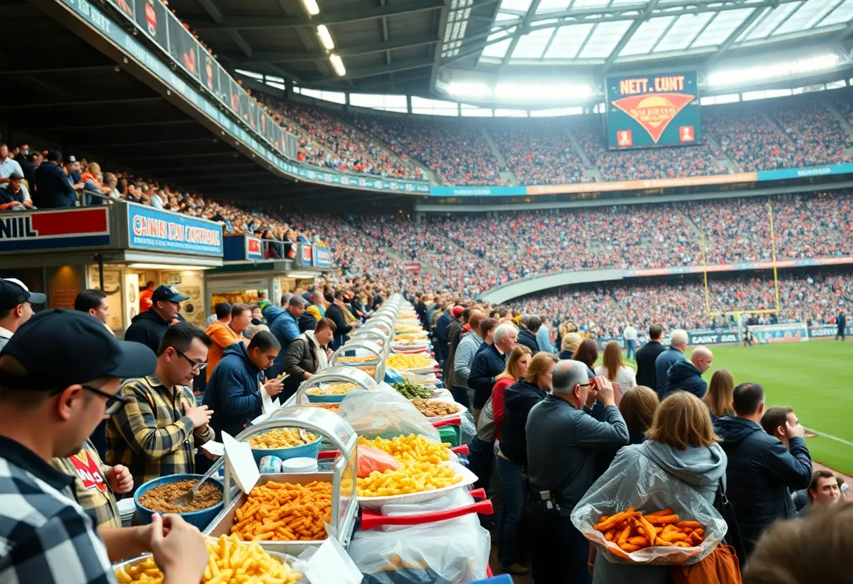 Fans enjoying a variety of food at a stadium during a game.