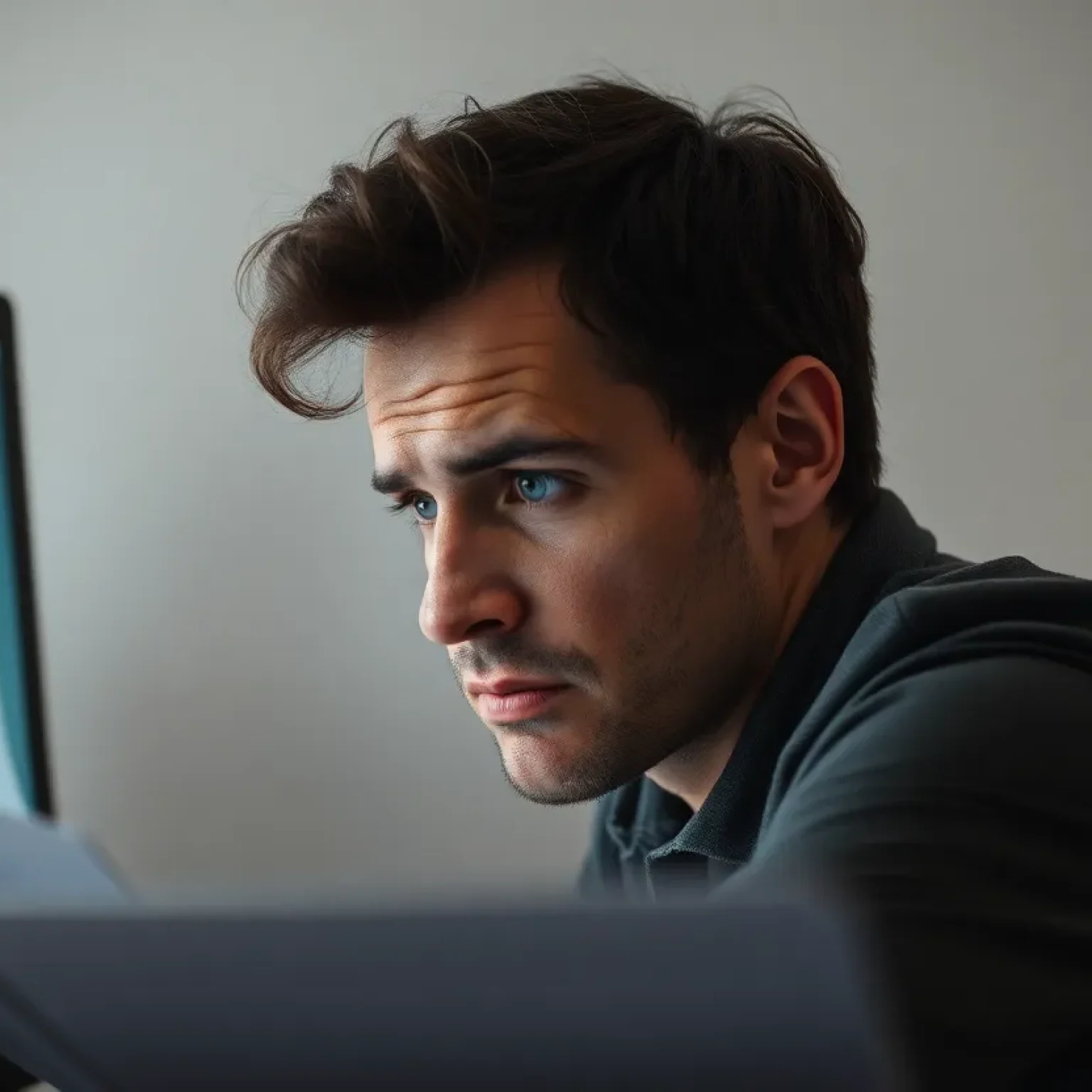 A worried person looking at fraudulent ESA documentation on a laptop.