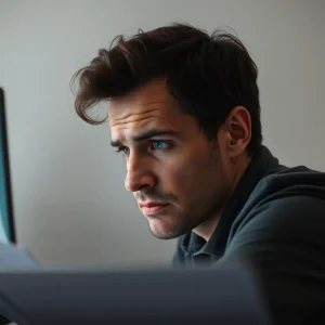 A worried person looking at fraudulent ESA documentation on a laptop.