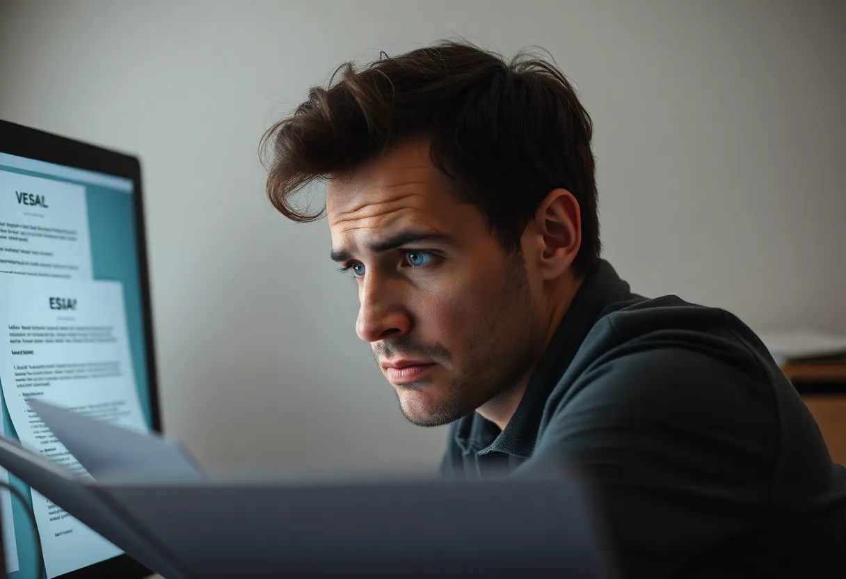 A worried person looking at fraudulent ESA documentation on a laptop.