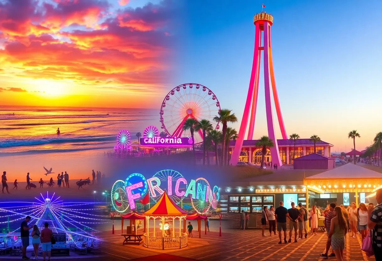 A collage of fun activities in California and Florida, showcasing beaches, amusement parks, and nightlife.