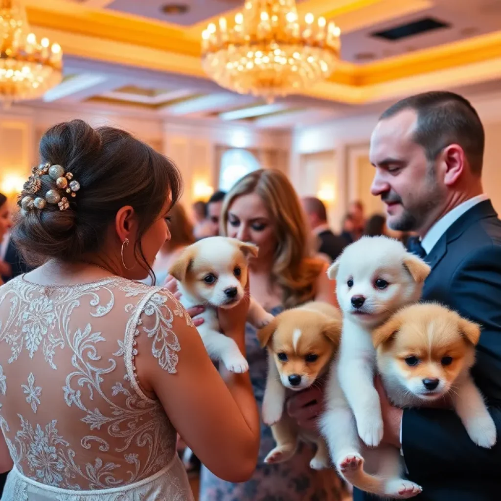 Guests enjoying the Furball Gala with adoptable pets