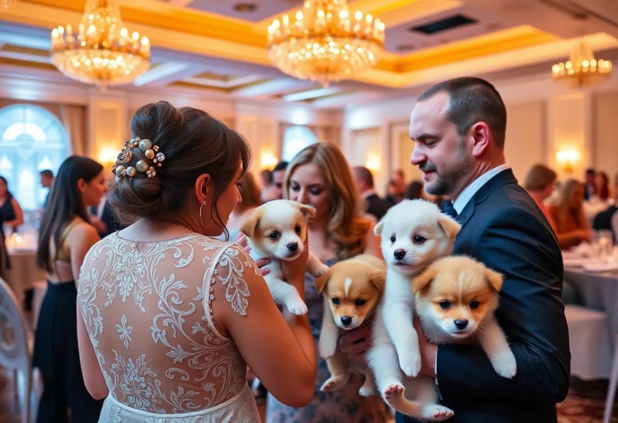 Guests enjoying the Furball Gala with adoptable pets