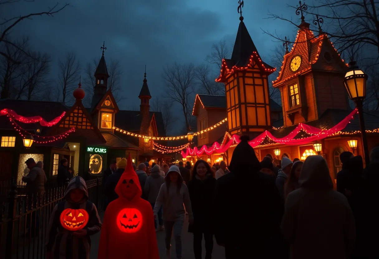 Spooky scene from Halloween Horror Nights featuring haunted houses.