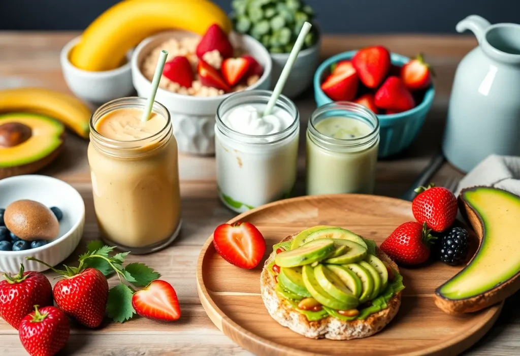 A variety of healthy breakfast options including smoothies, yogurt parfaits, and avocado toast.