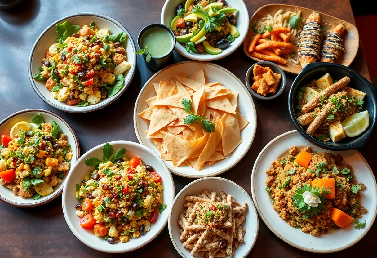 A variety of healthy dishes from Orlando restaurants including salads, bowls, and smoothies.