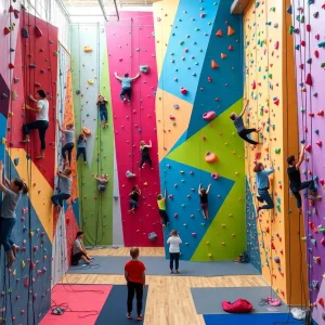 Interior view of High Point Climbing and Fitness with climbers on walls