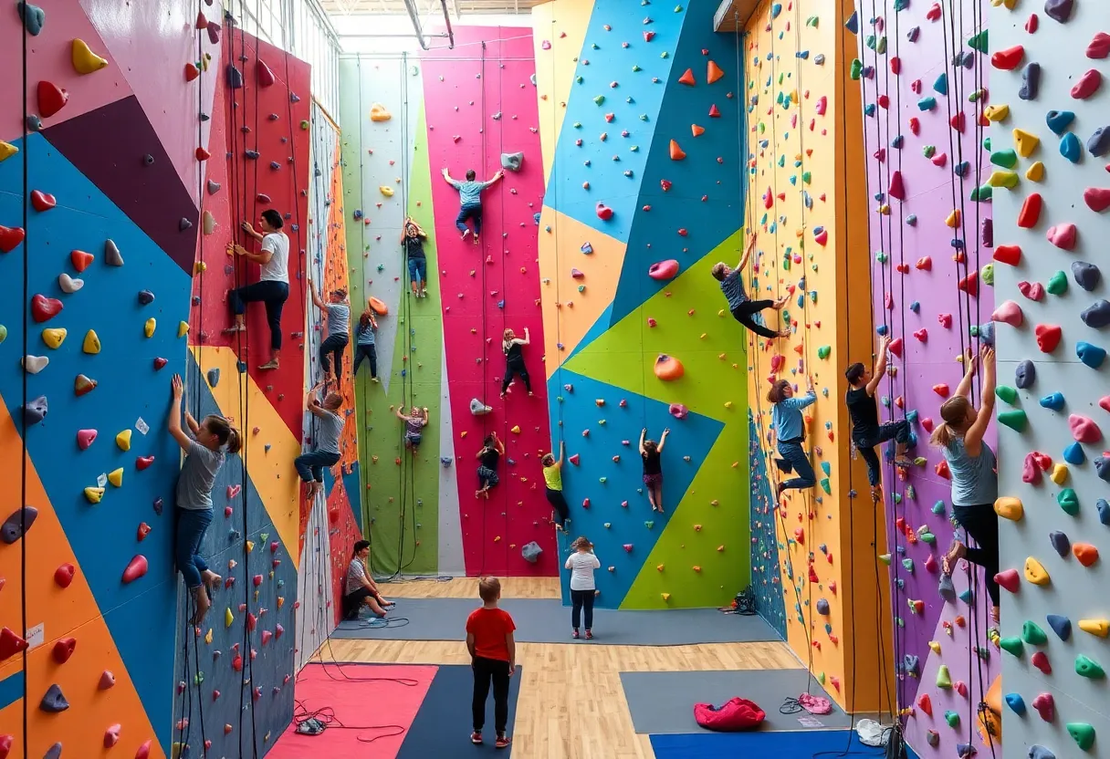 Interior view of High Point Climbing and Fitness with climbers on walls