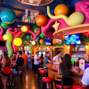 A themed bar in Orlando's theme park with guests enjoying drinks and interactive decor.