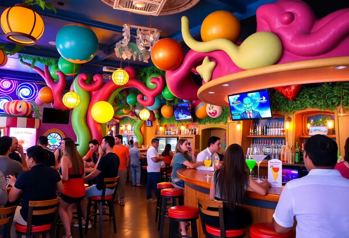 A themed bar in Orlando's theme park with guests enjoying drinks and interactive decor.