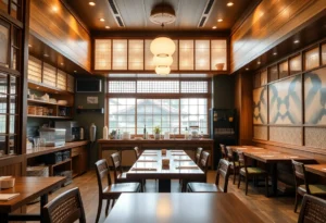 A view of the kappo dining area in Kappo Tsan, with a visible kitchen and seating arrangements.