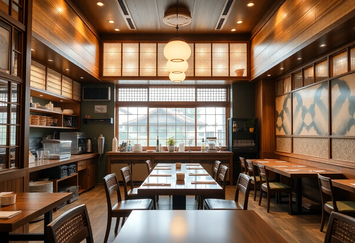 A view of the kappo dining area in Kappo Tsan, with a visible kitchen and seating arrangements.