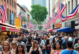 Crowds of tourists celebrating Labor Day weekend in a lively city.
