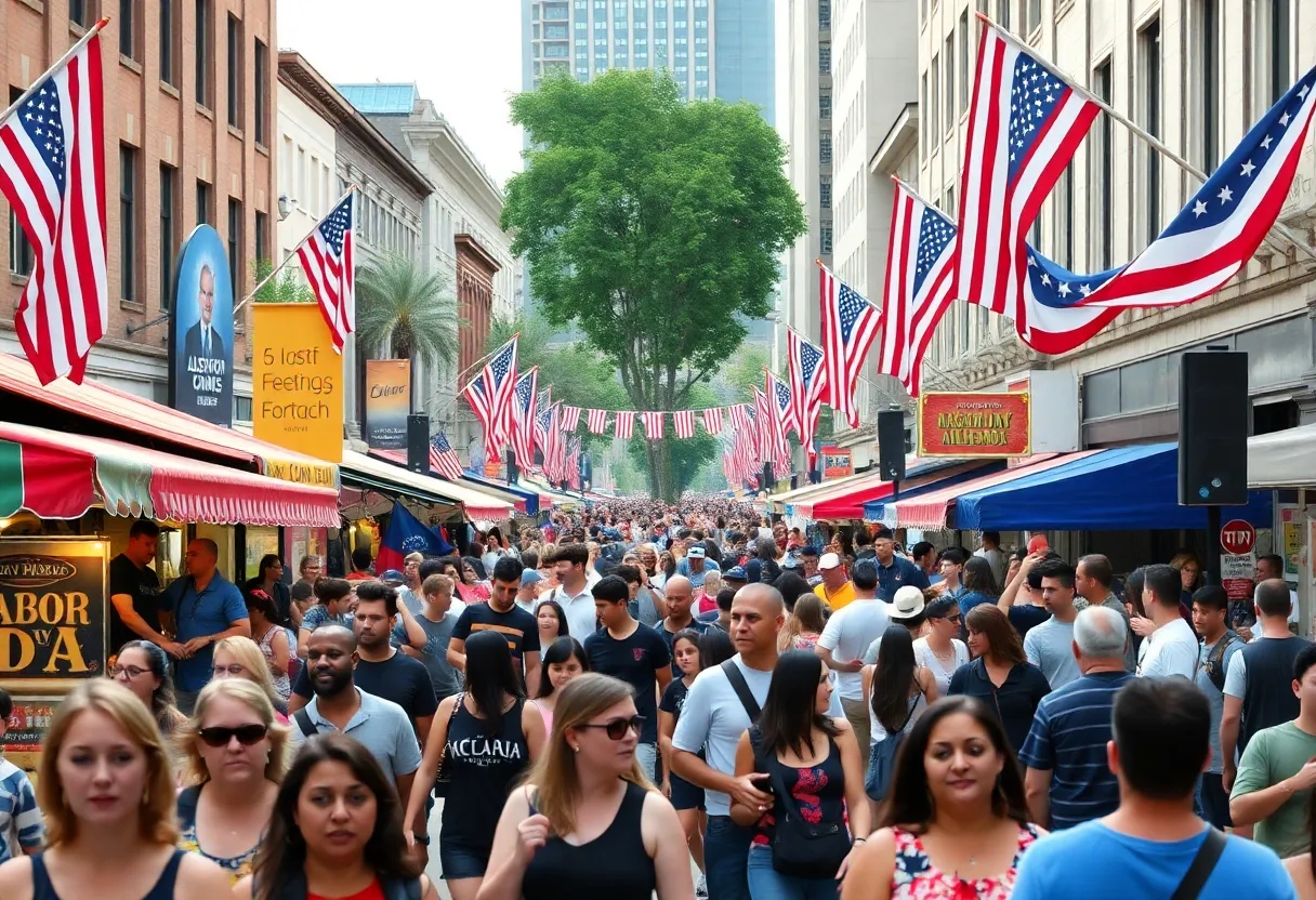 Crowds of tourists celebrating Labor Day weekend in a lively city.