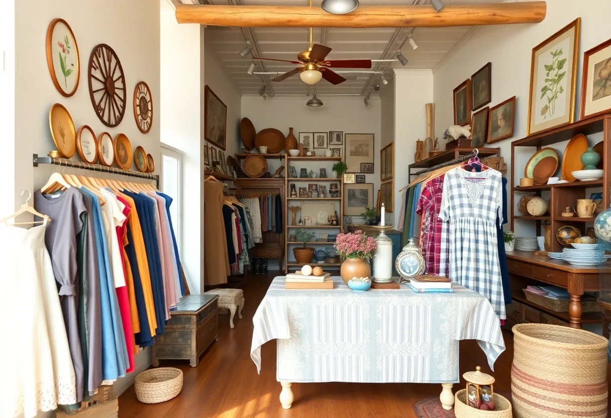 Interior of Lady Luck Vintage showcasing vintage clothing and home goods