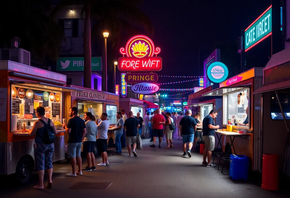 Colorful late-night food scene in Orlando with various food trucks