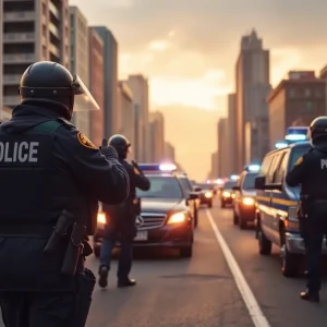 Law enforcement officers executing an operation in the city
