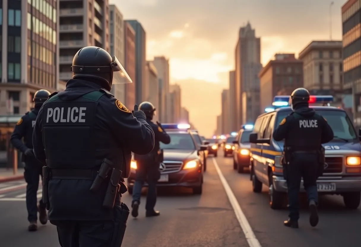 Law enforcement officers executing an operation in the city