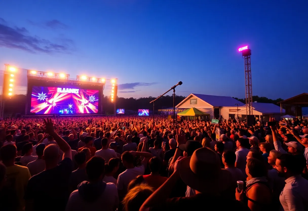 Crowd enjoying a live concert performance under colorful lights.