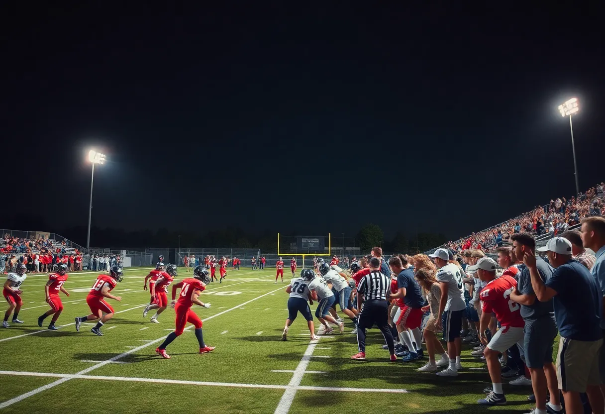 Football players from Milton Eagles and First Academy Royals in action during a high school football game.